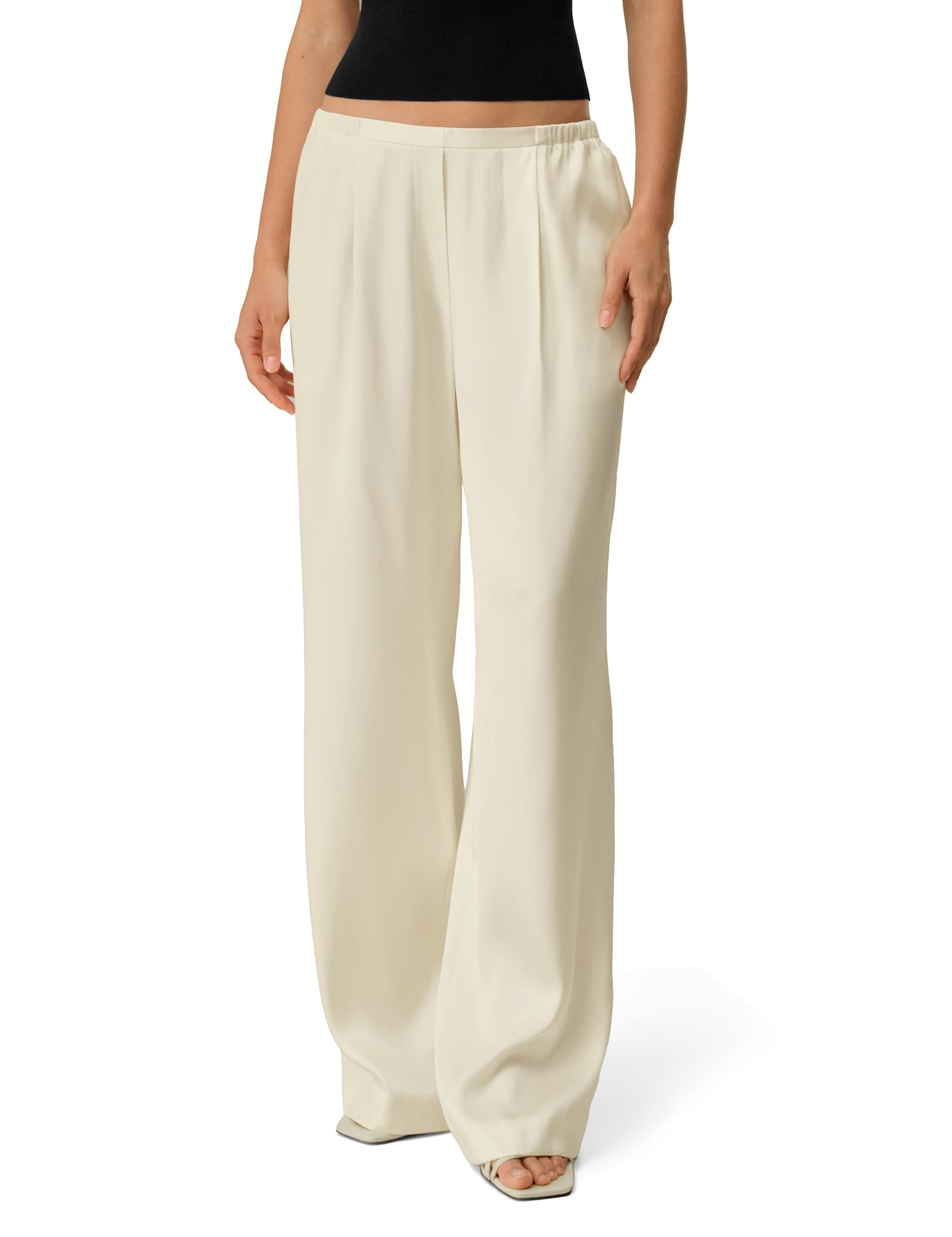 LilySilk Women Silk Pants Double Faced Satin Straight Leg Low Rise Elastic Waistband Slip On Trousers