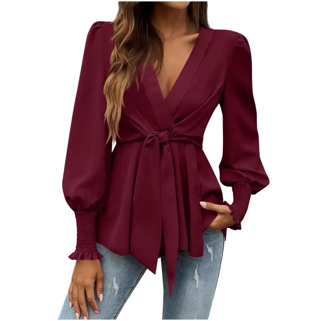 FMCHICO Womens Dressy Casual V Neck Tops Long Sleeve Belted Waist Work Blouses Trendy Shirts Business Outfits