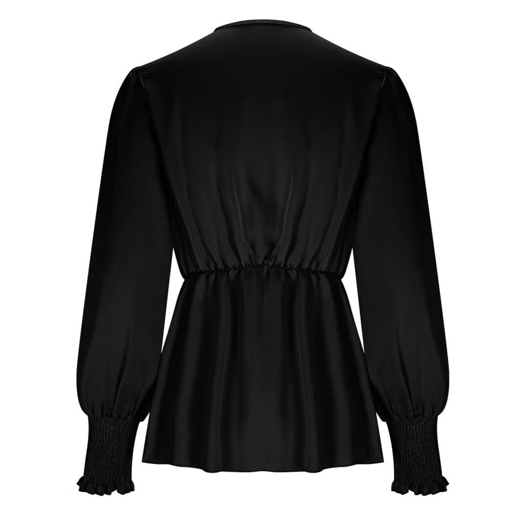 FMCHICO Womens Dressy Casual V Neck Tops Long Sleeve Belted Waist Work Blouses Trendy Shirts Business Outfits