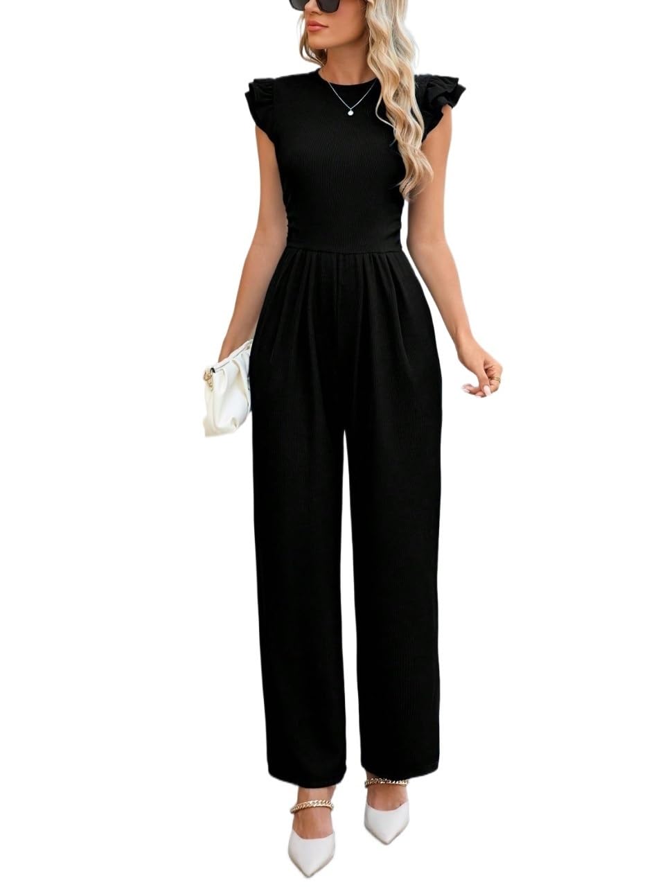 NKDBYXT Women's Ruffle Shoulder Wide Leg Jumpsuit with Pockets High Waist Bodycon Casual Romper