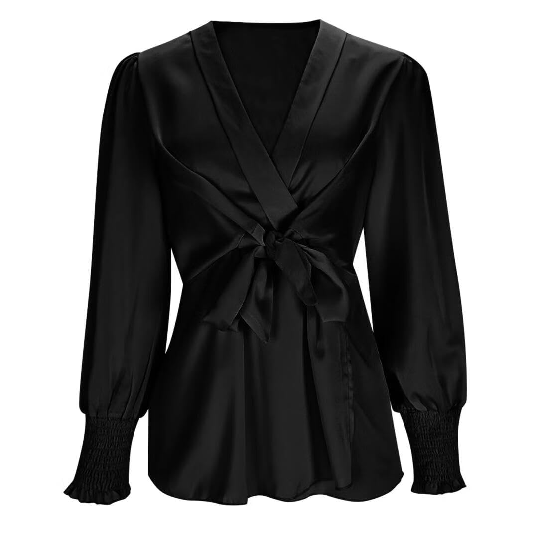 FMCHICO Womens Dressy Casual V Neck Tops Long Sleeve Belted Waist Work Blouses Trendy Shirts Business Outfits