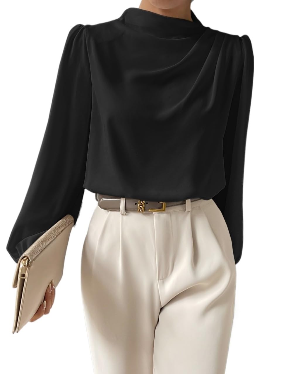 Women's Classic-Fit Short/Long Sleeve Shirt Bishop Sleeve Front Blouse,Long Sleeve Tops