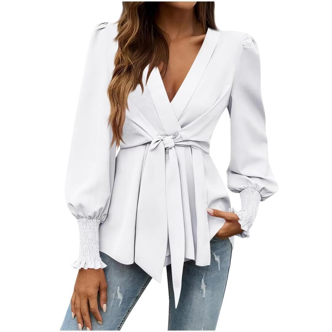FMCHICO Womens Dressy Casual V Neck Tops Long Sleeve Belted Waist Work Blouses Trendy Shirts Business Outfits