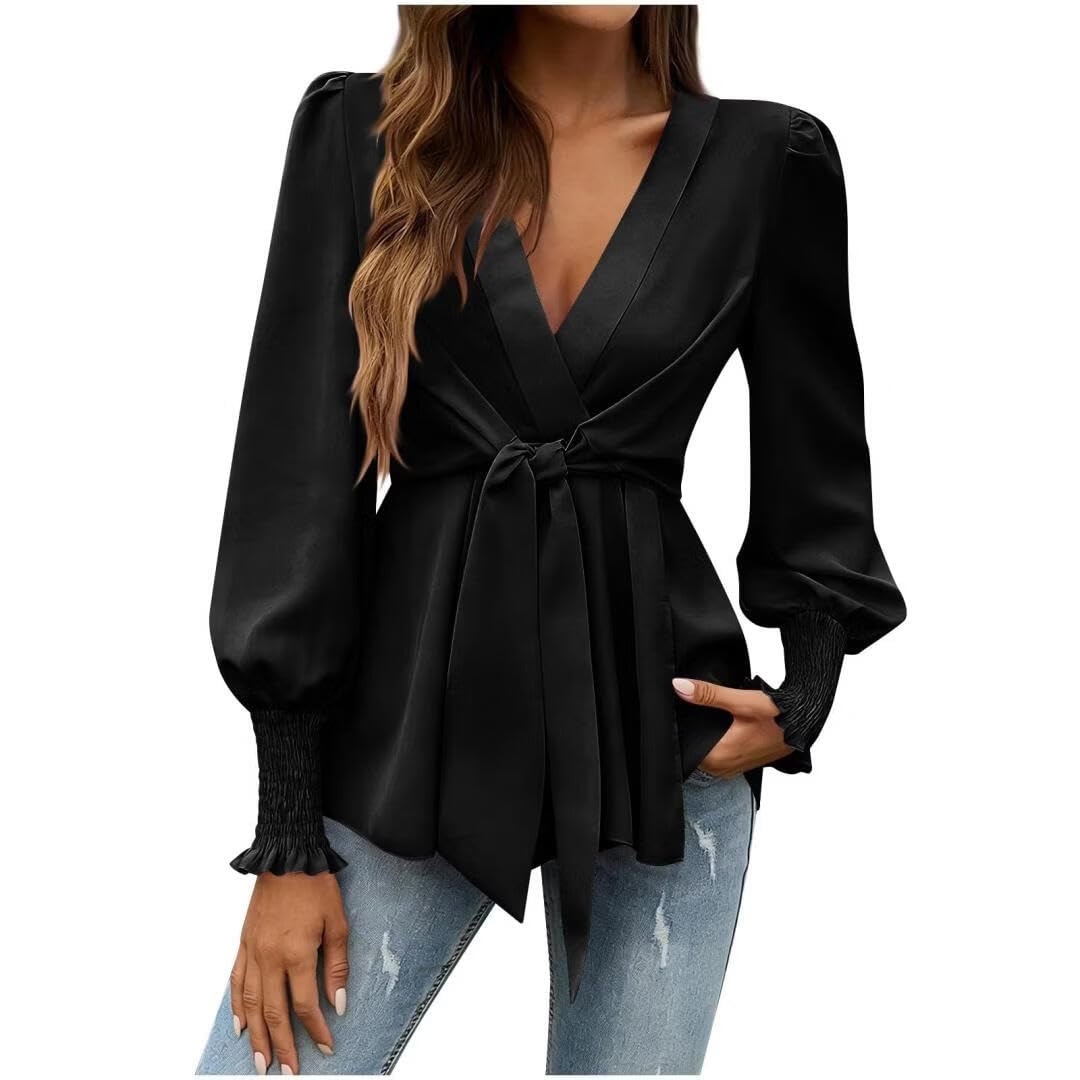 FMCHICO Womens Dressy Casual V Neck Tops Long Sleeve Belted Waist Work Blouses Trendy Shirts Business Outfits