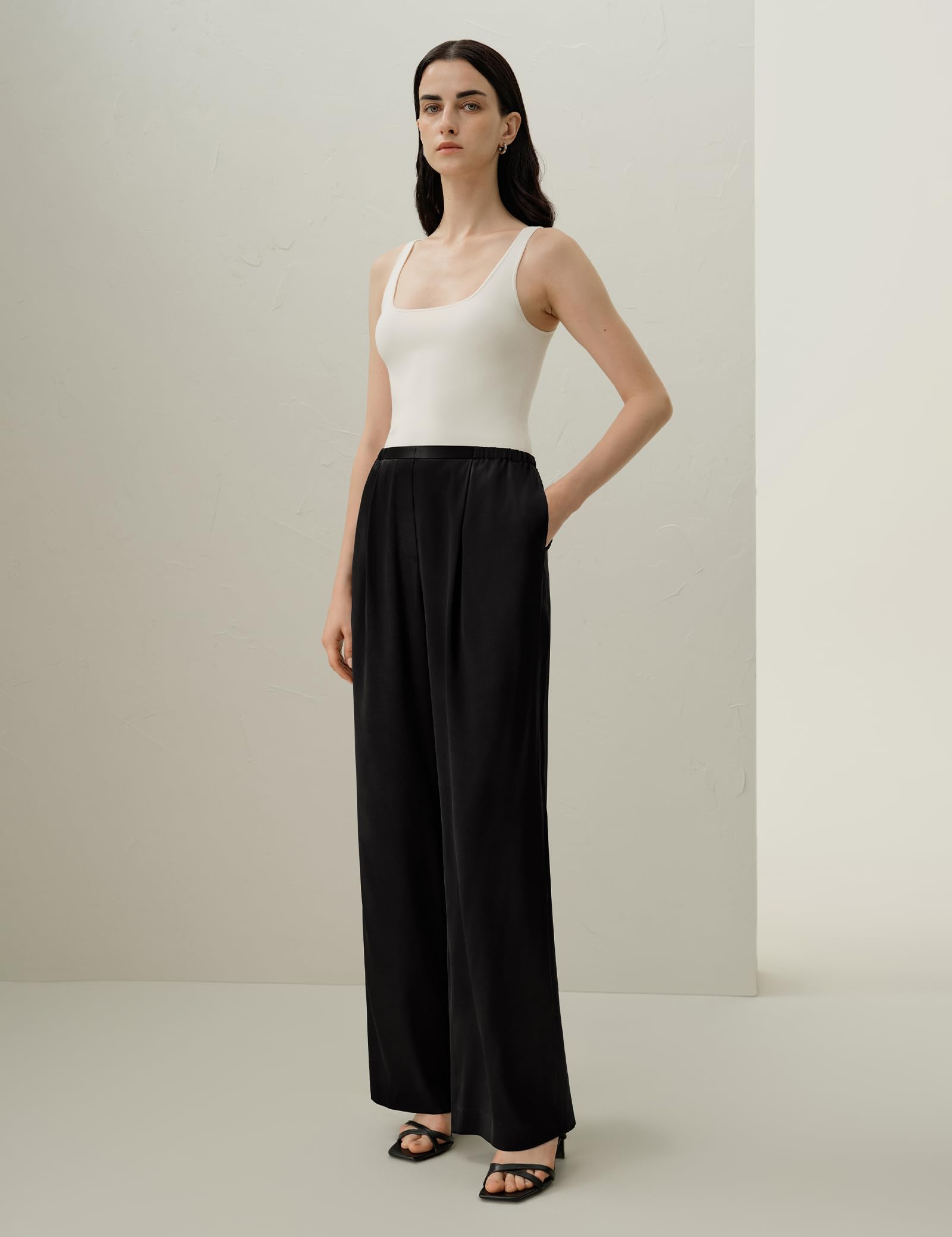 LilySilk Women Silk Pants Double Faced Satin Straight Leg Low Rise Elastic Waistband Slip On Trousers