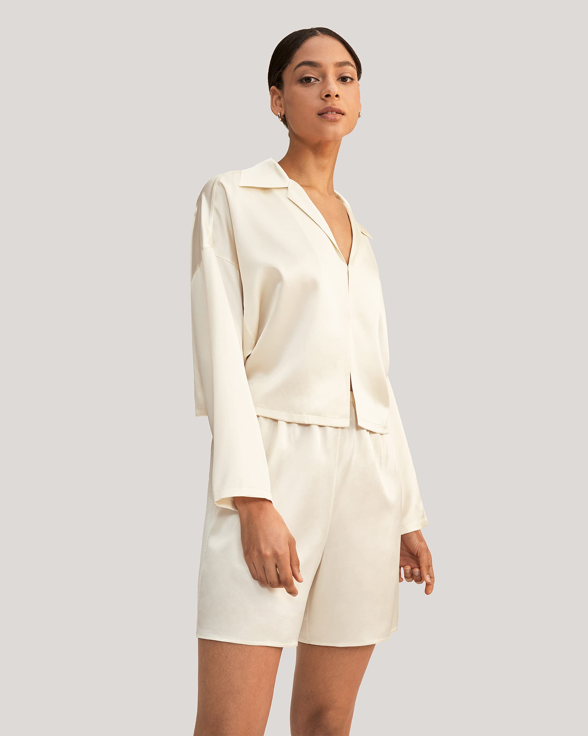 LilySilk Silk Pajama Set for Women Minimalist Cropped Sleepwear Top & Matching Shorts Pants 2PC Loungewear PJ Set