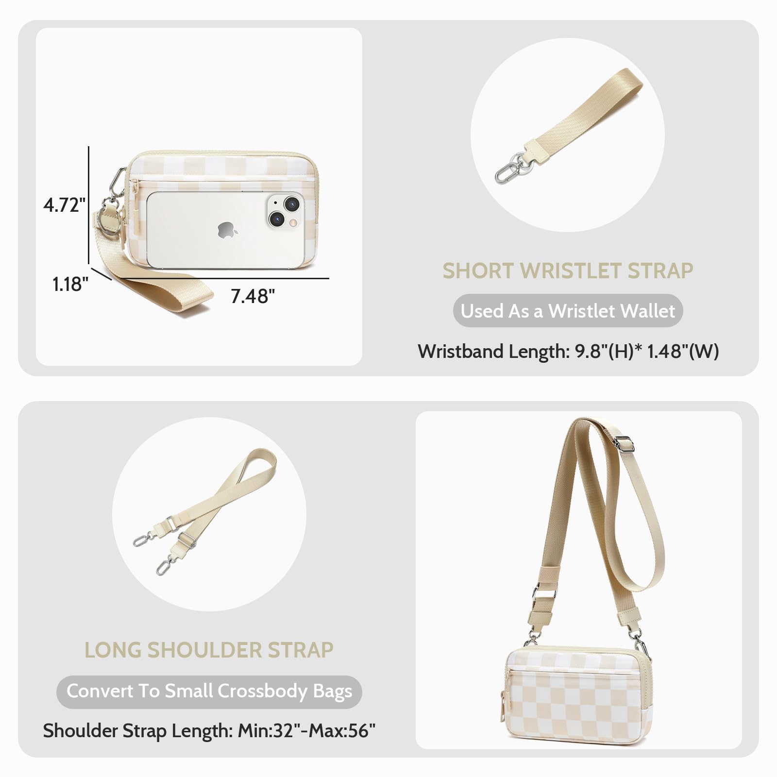 FODOKO Wristlet wallets for Women RFID crossbody bags with 4 Zippers