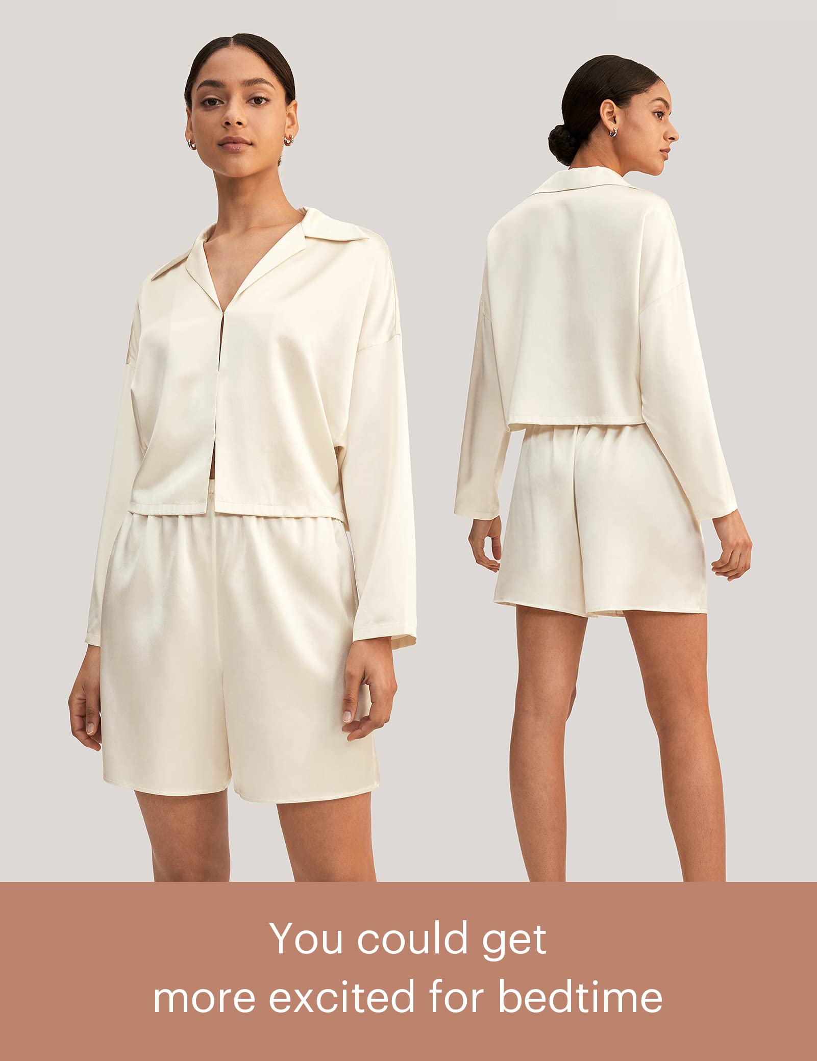 LilySilk Silk Pajama Set for Women Minimalist Cropped Sleepwear Top & Matching Shorts Pants 2PC Loungewear PJ Set