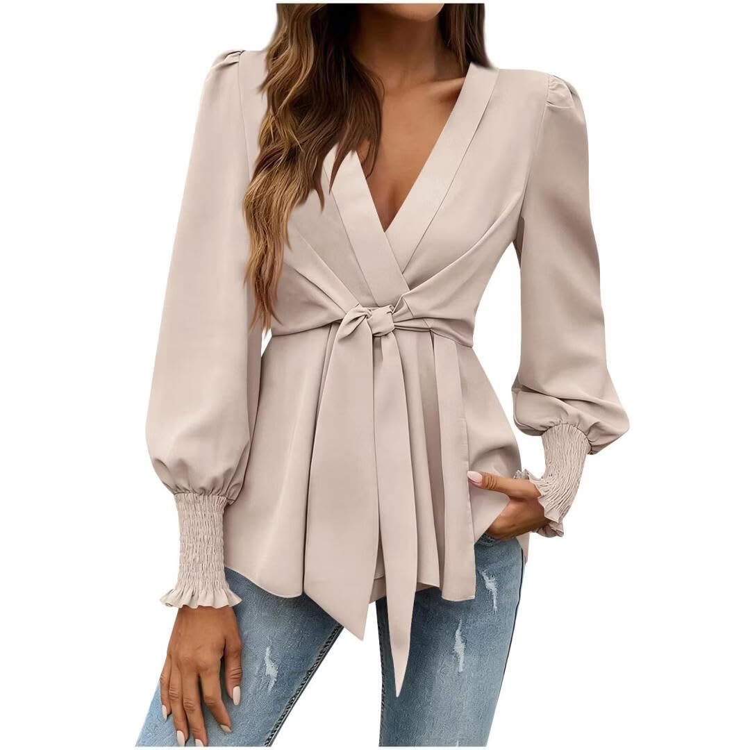 FMCHICO Womens Dressy Casual V Neck Tops Long Sleeve Belted Waist Work Blouses Trendy Shirts Business Outfits