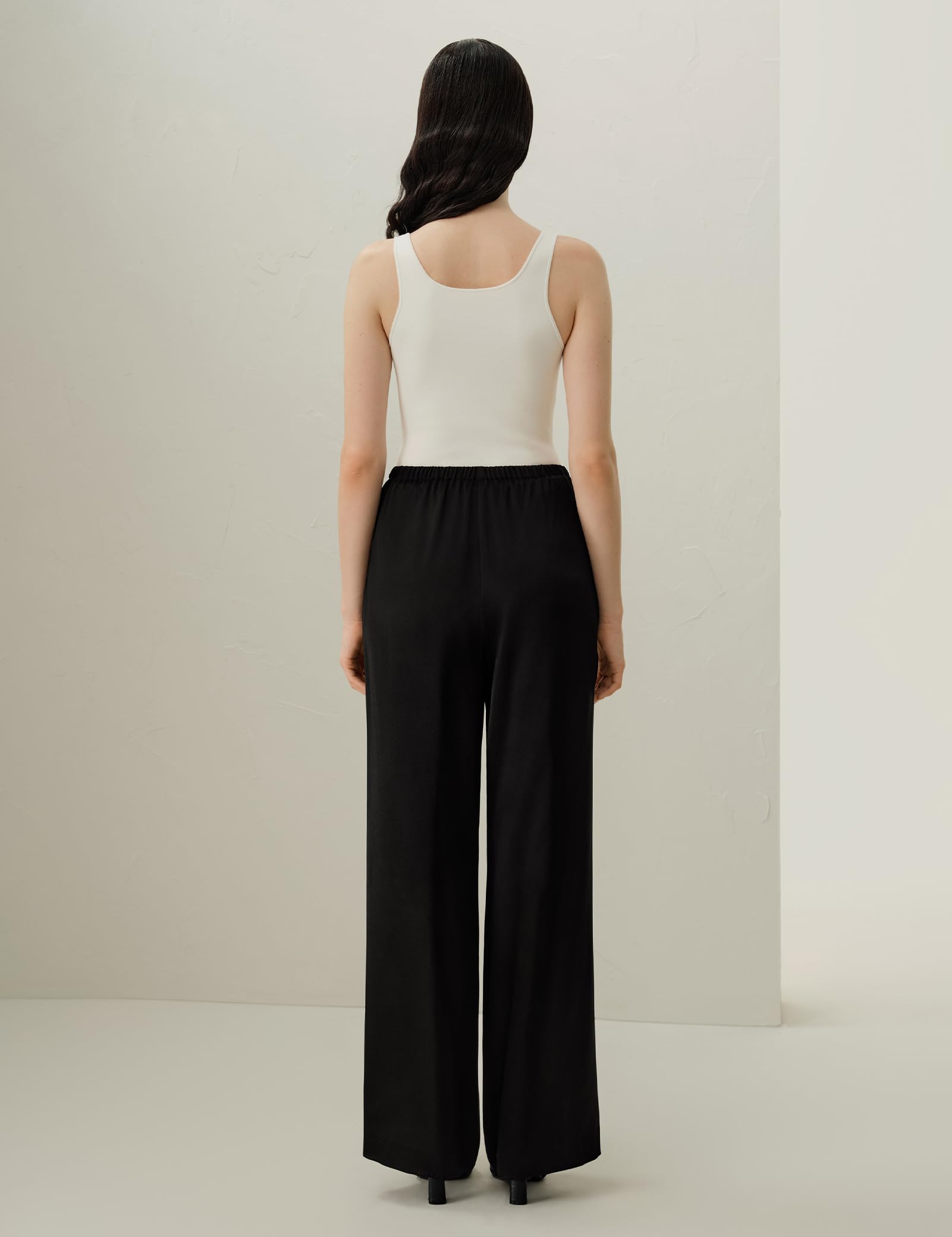 LilySilk Women Silk Pants Double Faced Satin Straight Leg Low Rise Elastic Waistband Slip On Trousers