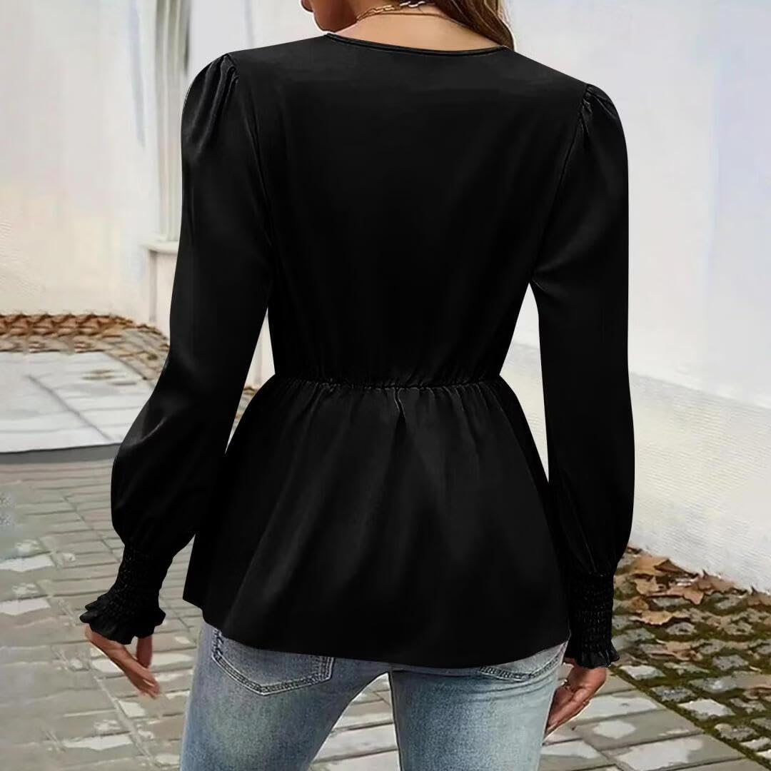 FMCHICO Womens Dressy Casual V Neck Tops Long Sleeve Belted Waist Work Blouses Trendy Shirts Business Outfits