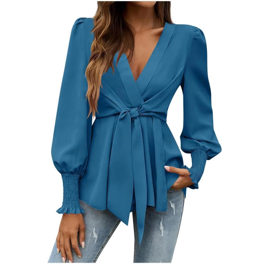 FMCHICO Womens Dressy Casual V Neck Tops Long Sleeve Belted Waist Work Blouses Trendy Shirts Business Outfits