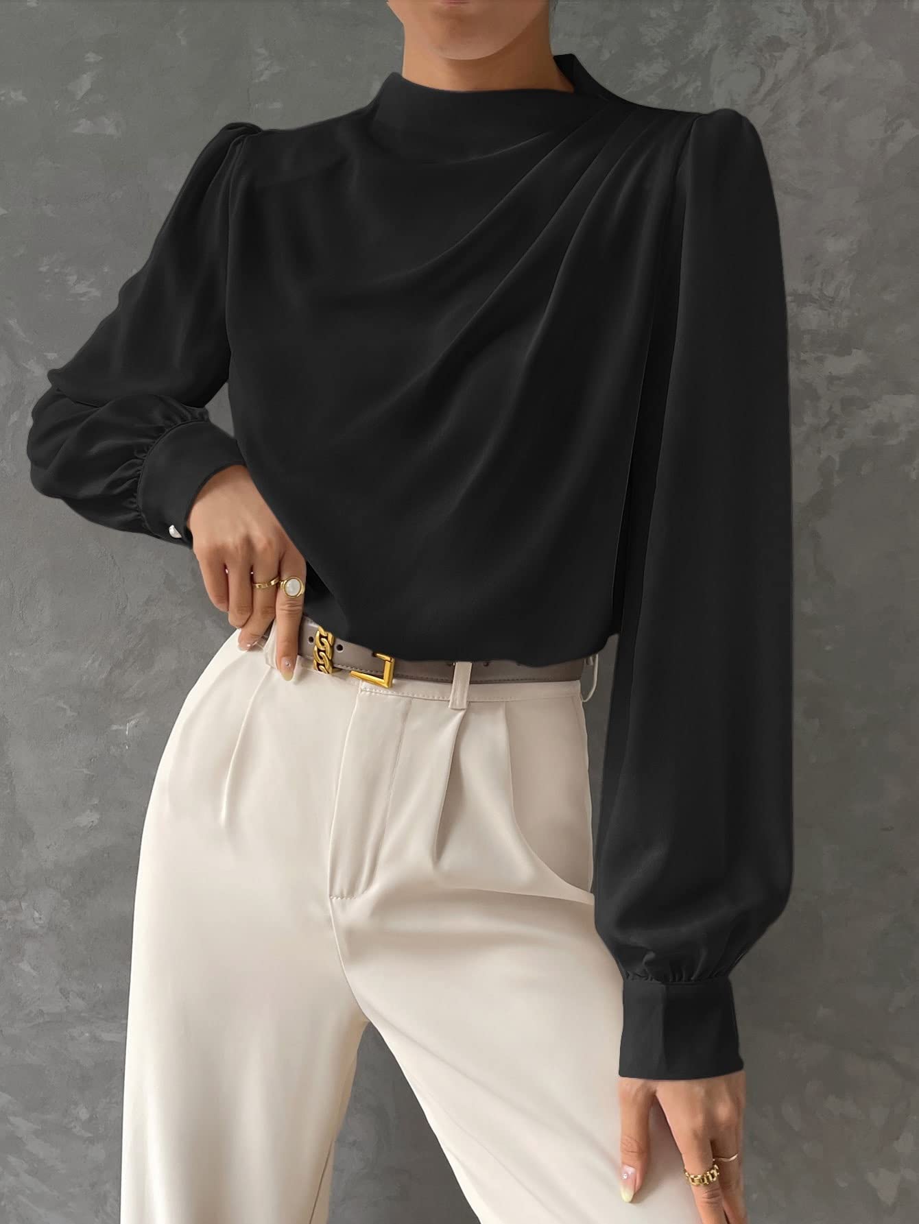 Women's Classic-Fit Short/Long Sleeve Shirt Bishop Sleeve Front Blouse,Long Sleeve Tops