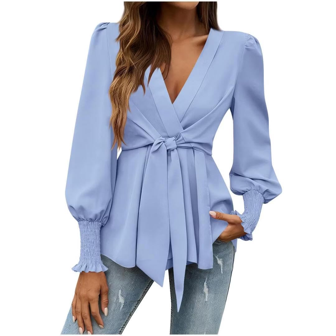 FMCHICO Womens Dressy Casual V Neck Tops Long Sleeve Belted Waist Work Blouses Trendy Shirts Business Outfits