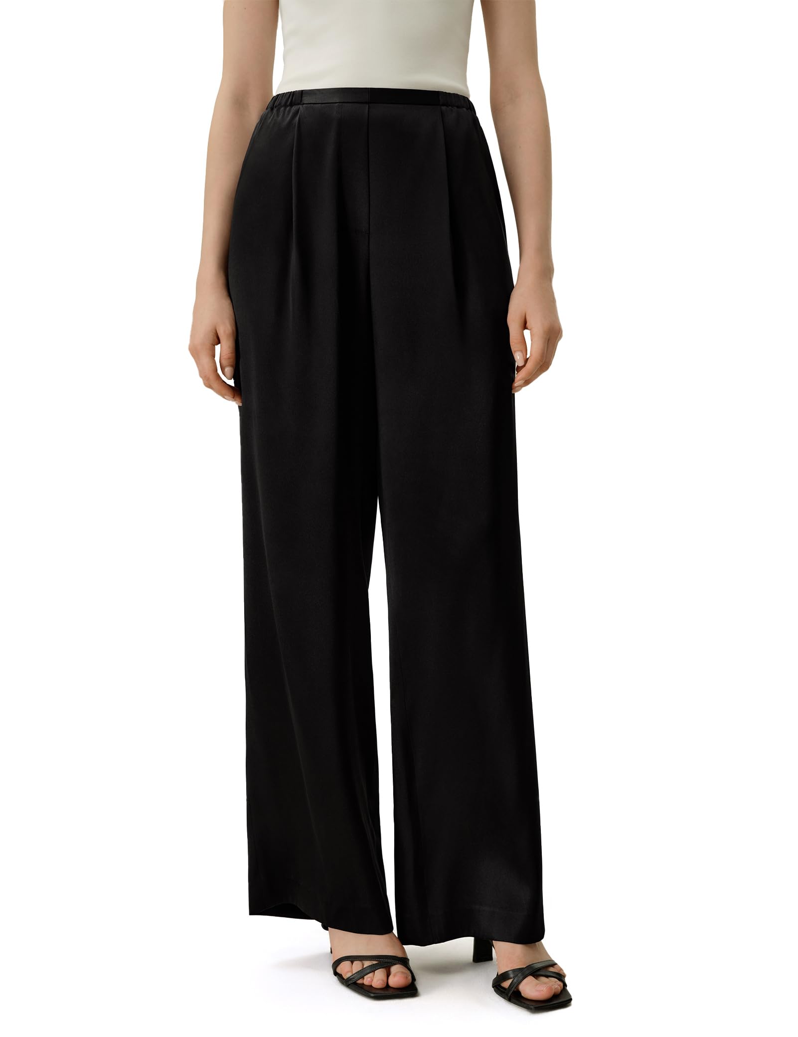 LilySilk Women Silk Pants Double Faced Satin Straight Leg Low Rise Elastic Waistband Slip On Trousers