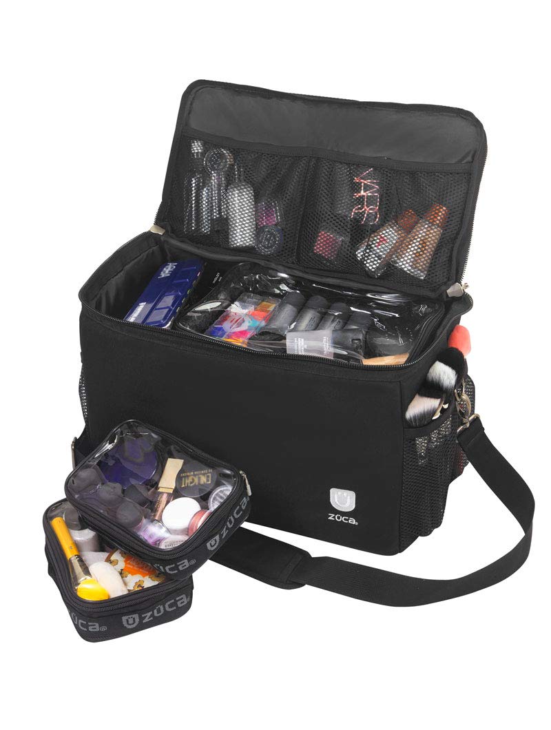 ZUCA MakeUp Artist Shoulder Bag w/Durable Utility Pouch Combo, MakeUp Organizer Bag -Lightweight,Versatile Multi-Compartment Design For Cosmetic Organization,Ideal For Travel & Makeup Sessions, Black