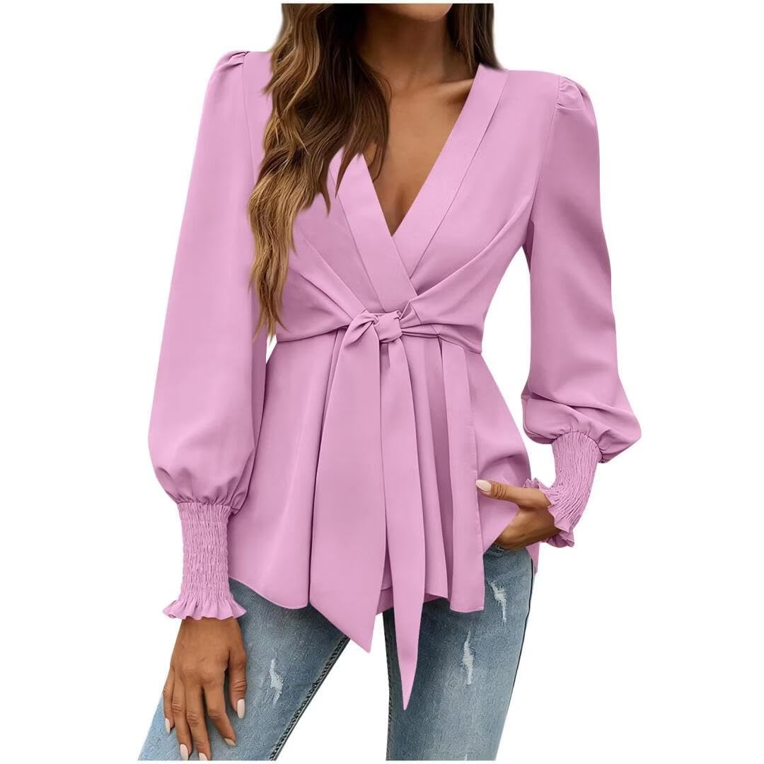 FMCHICO Womens Dressy Casual V Neck Tops Long Sleeve Belted Waist Work Blouses Trendy Shirts Business Outfits