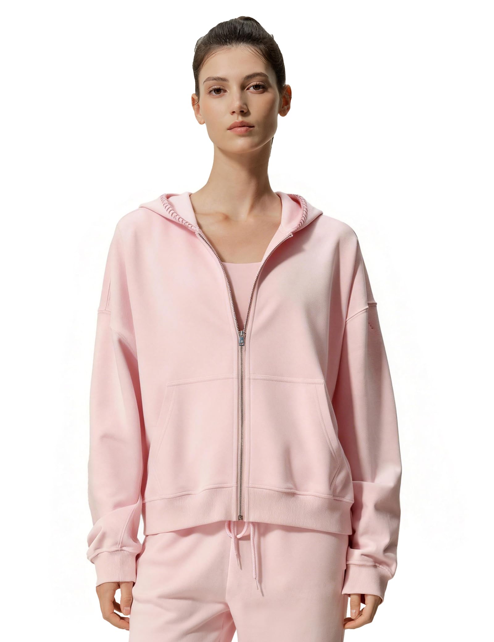 LilySilk Women's Silk Terry Sweatshirt Fleece Zip Up Oversized Hoodie with Blanket Stitch Hooded Jacket for Ladies Sports