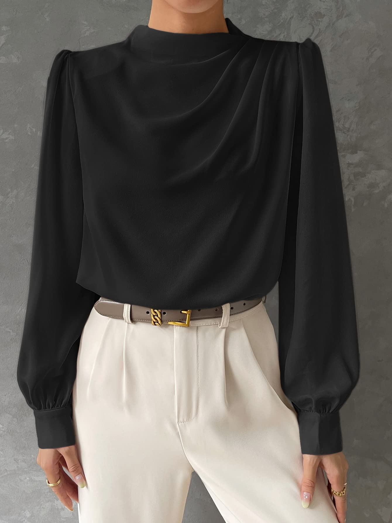 Women's Classic-Fit Short/Long Sleeve Shirt Bishop Sleeve Front Blouse,Long Sleeve Tops