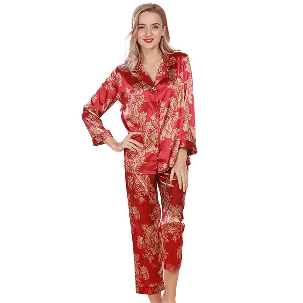 Living Room Accessories Womens Pajamas Sets Women's Long Sleeve Pajamas Set Satin Soft Print Pj Set Loungewear Recommendable Room Wear (Color : C, Size : M)