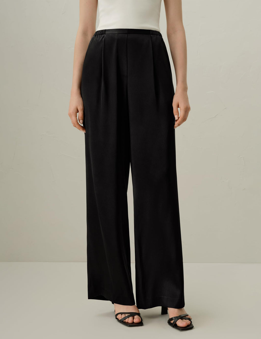 LilySilk Women Silk Pants Double Faced Satin Straight Leg Low Rise Elastic Waistband Slip On Trousers