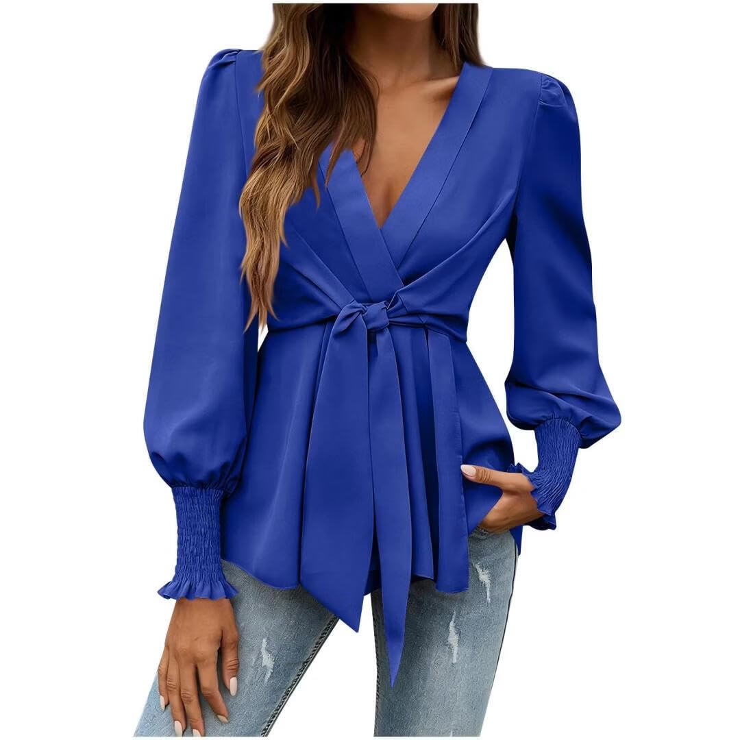 FMCHICO Womens Dressy Casual V Neck Tops Long Sleeve Belted Waist Work Blouses Trendy Shirts Business Outfits