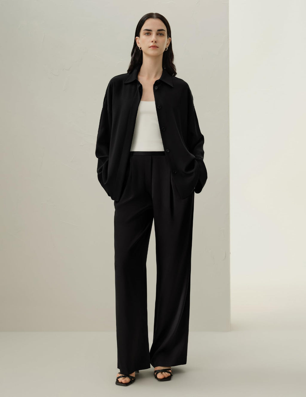 LilySilk Women Silk Pants Double Faced Satin Straight Leg Low Rise Elastic Waistband Slip On Trousers