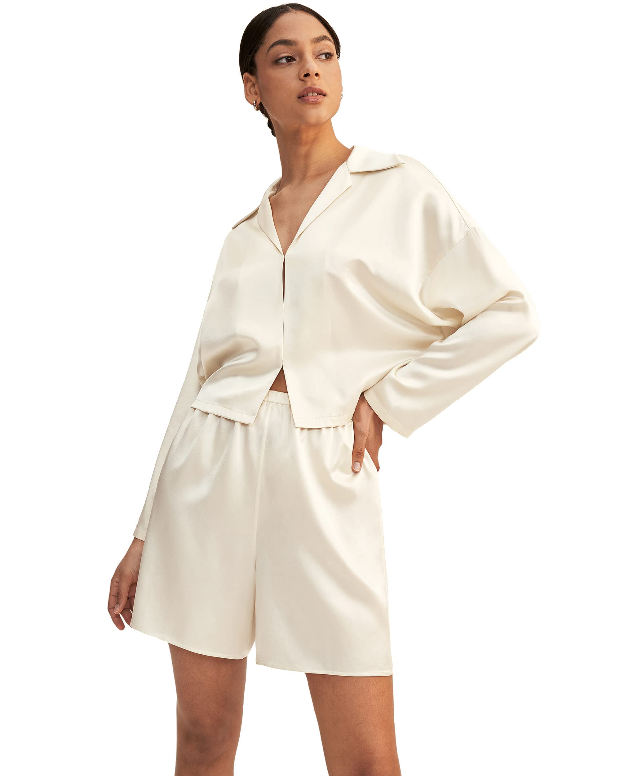 LilySilk Silk Pajama Set for Women Minimalist Cropped Sleepwear Top & Matching Shorts Pants 2PC Loungewear PJ Set