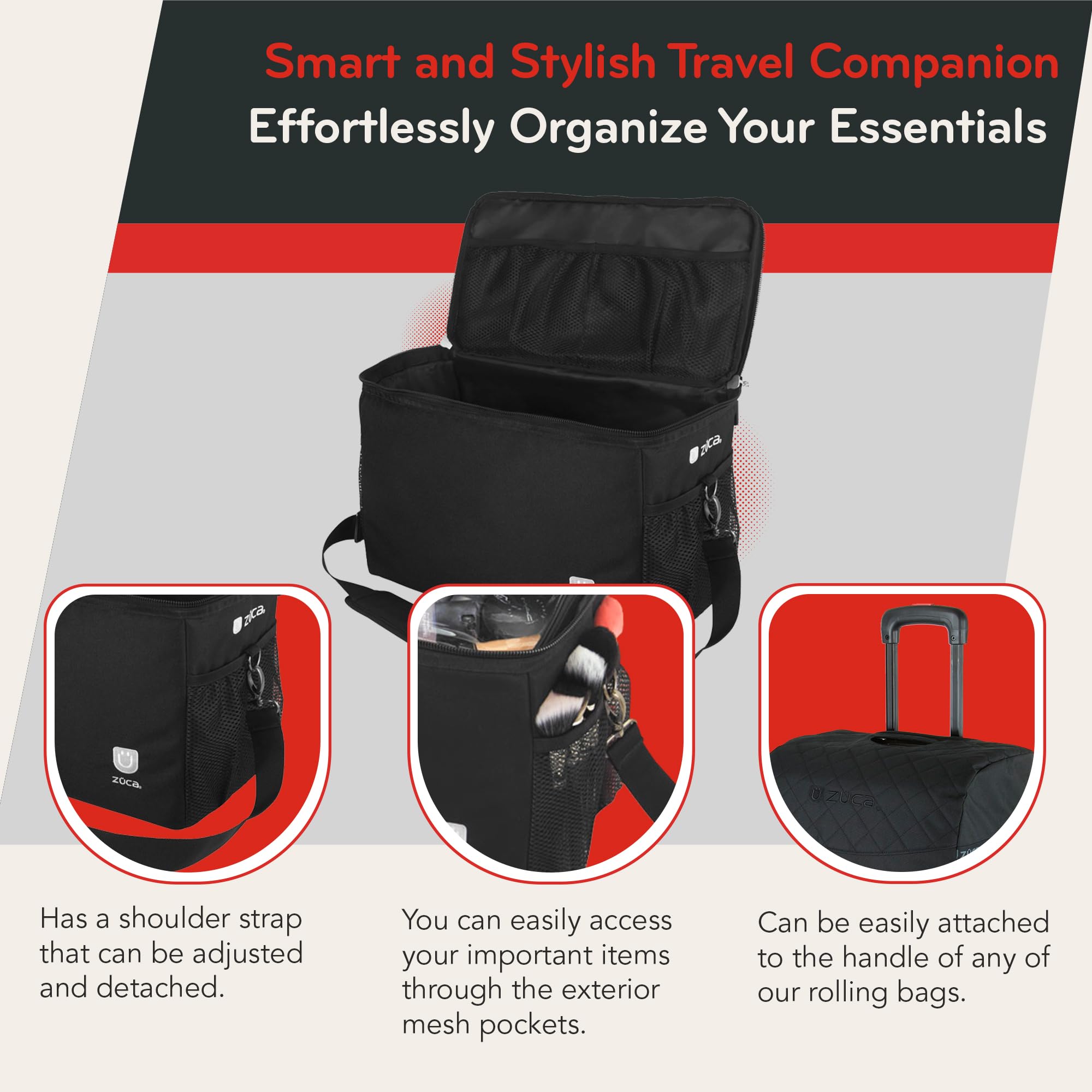 ZUCA MakeUp Artist Shoulder Bag w/Durable Utility Pouch Combo, MakeUp Organizer Bag -Lightweight,Versatile Multi-Compartment Design For Cosmetic Organization,Ideal For Travel & Makeup Sessions, Black
