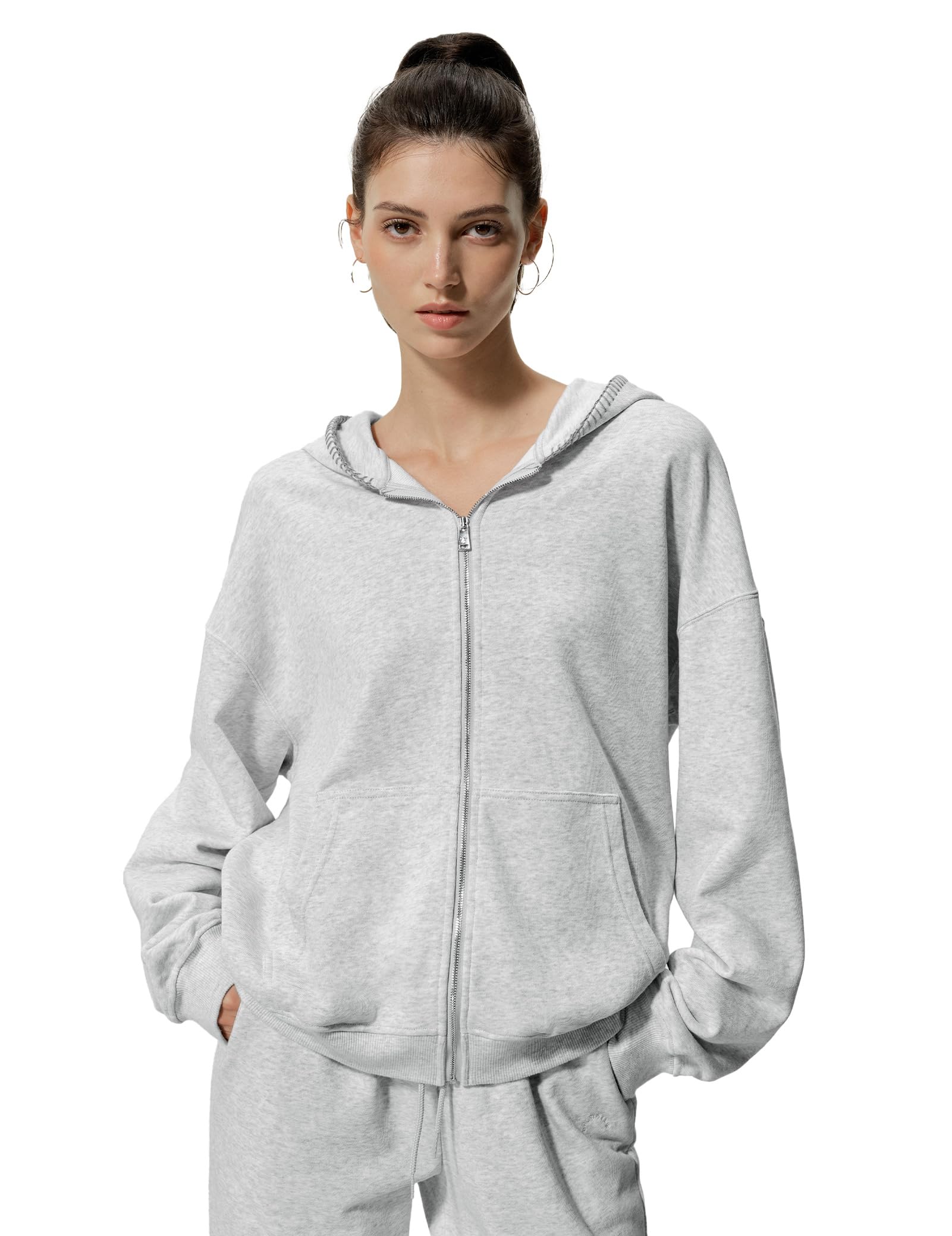 LilySilk Women's Silk Terry Sweatshirt Fleece Zip Up Oversized Hoodie with Blanket Stitch Hooded Jacket for Ladies Sports