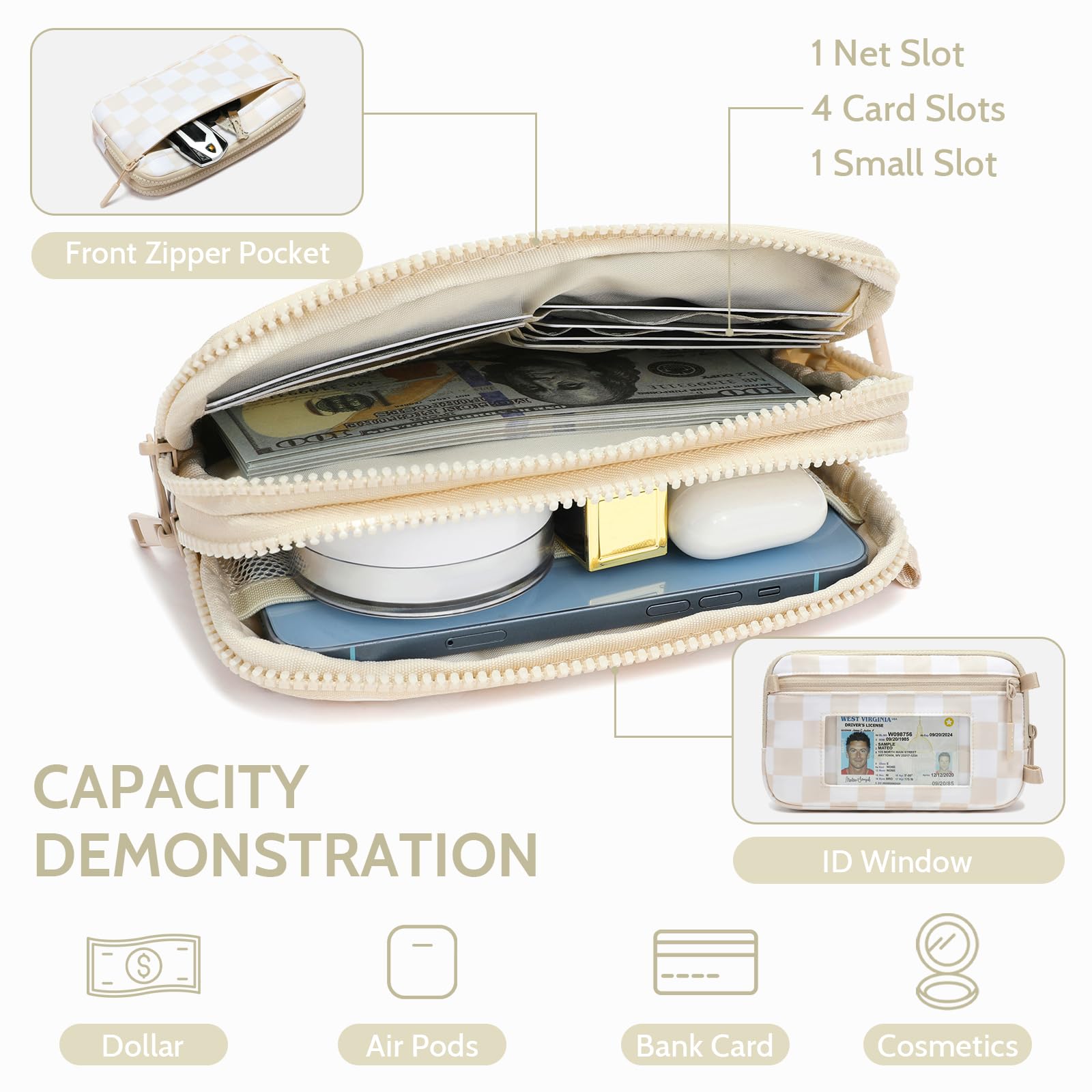 FODOKO Wristlet wallets for Women RFID crossbody bags with 4 Zippers