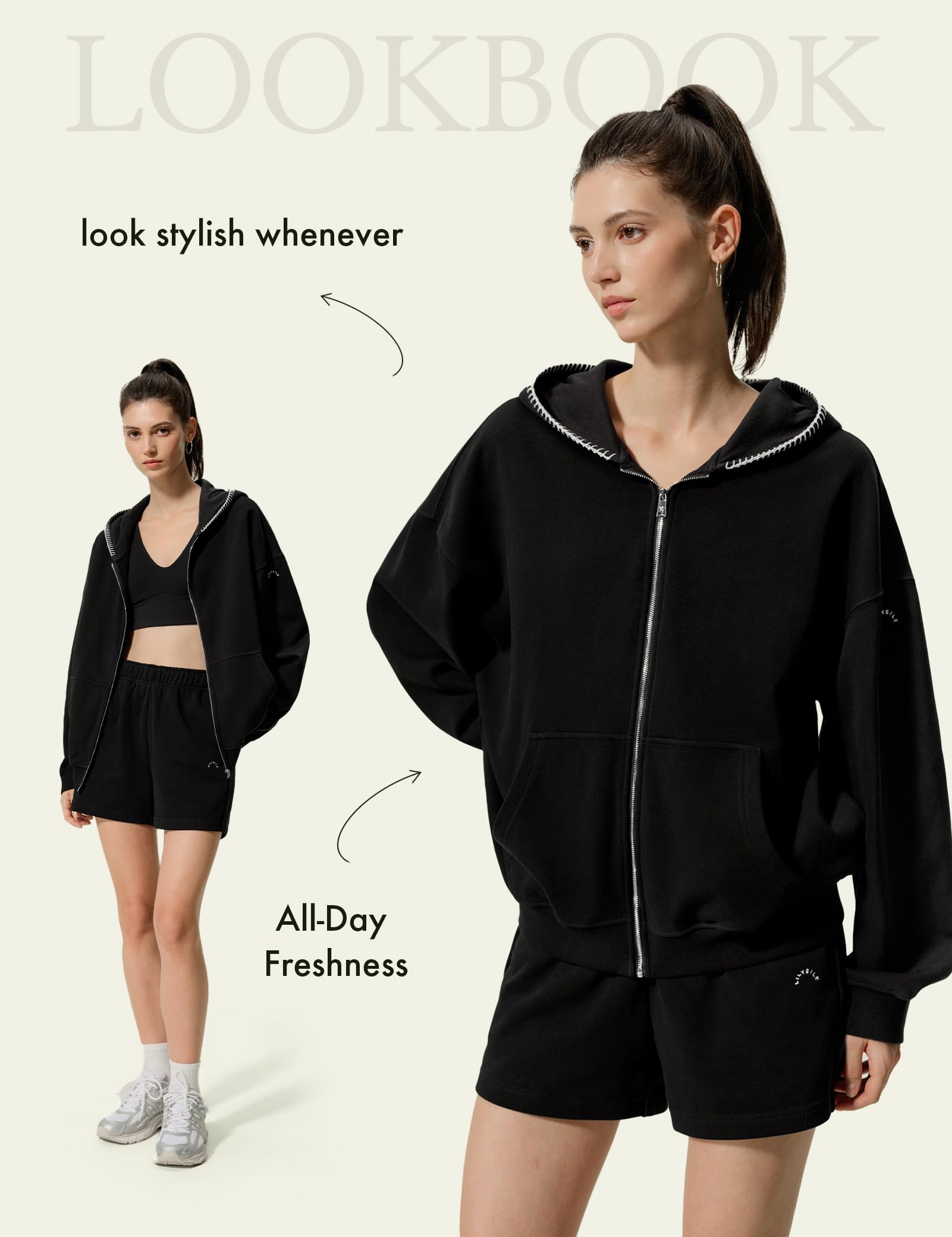 LilySilk Women's Silk Terry Sweatshirt Fleece Zip Up Oversized Hoodie with Blanket Stitch Hooded Jacket for Ladies Sports