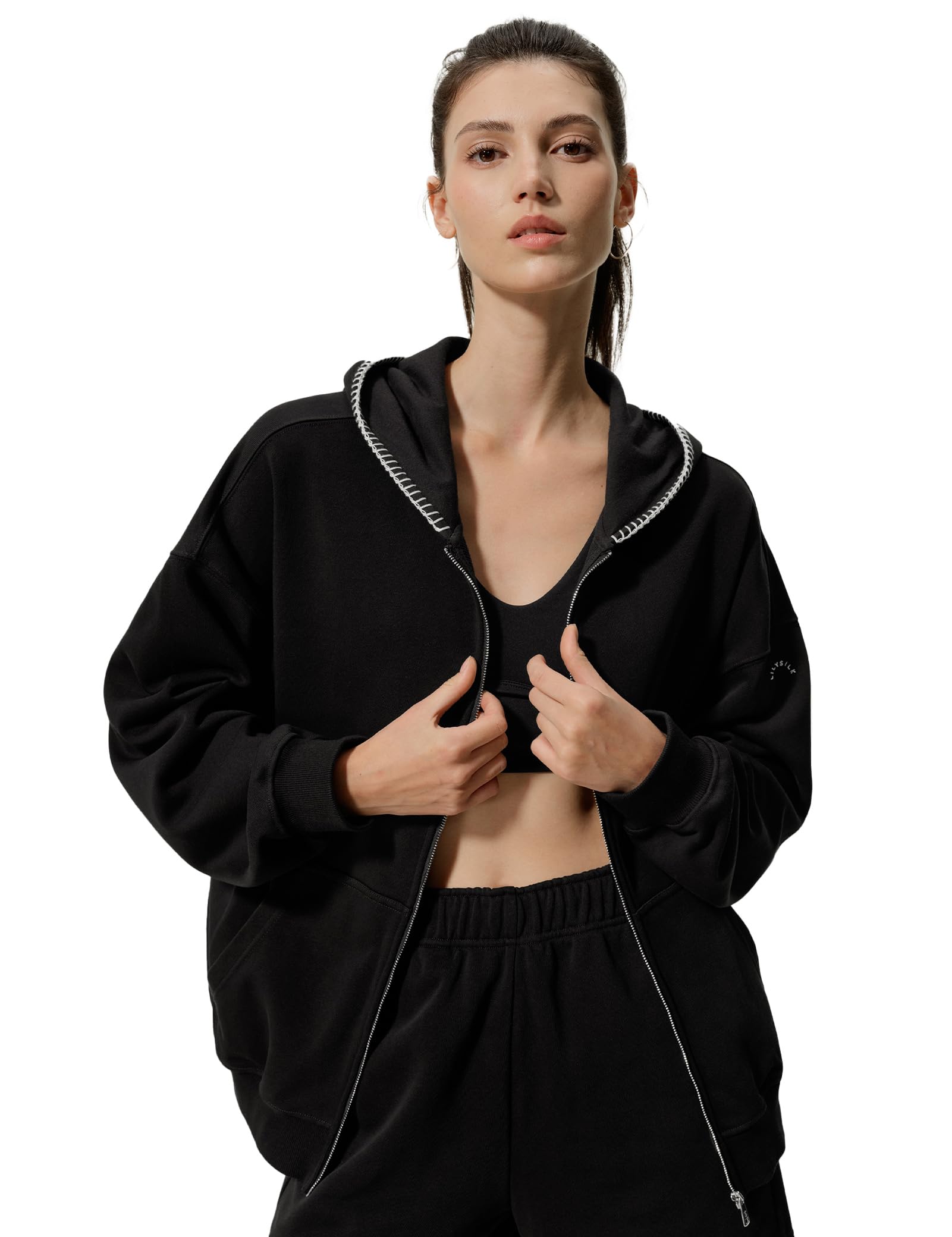 LilySilk Women's Silk Terry Sweatshirt Fleece Zip Up Oversized Hoodie with Blanket Stitch Hooded Jacket for Ladies Sports