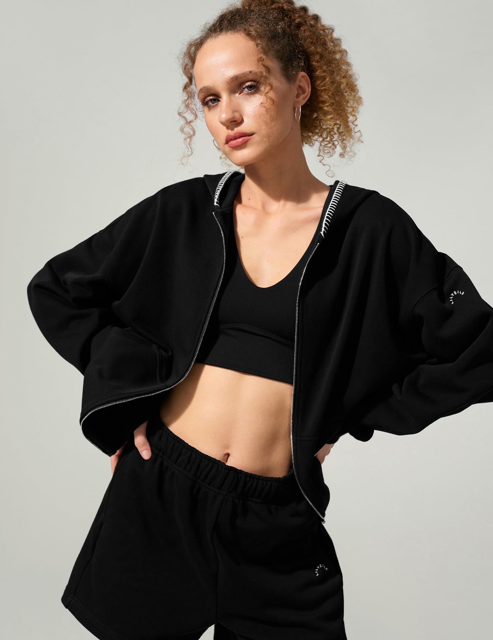 LilySilk Women's Silk Terry Sweatshirt Fleece Zip Up Oversized Hoodie with Blanket Stitch Hooded Jacket for Ladies Sports