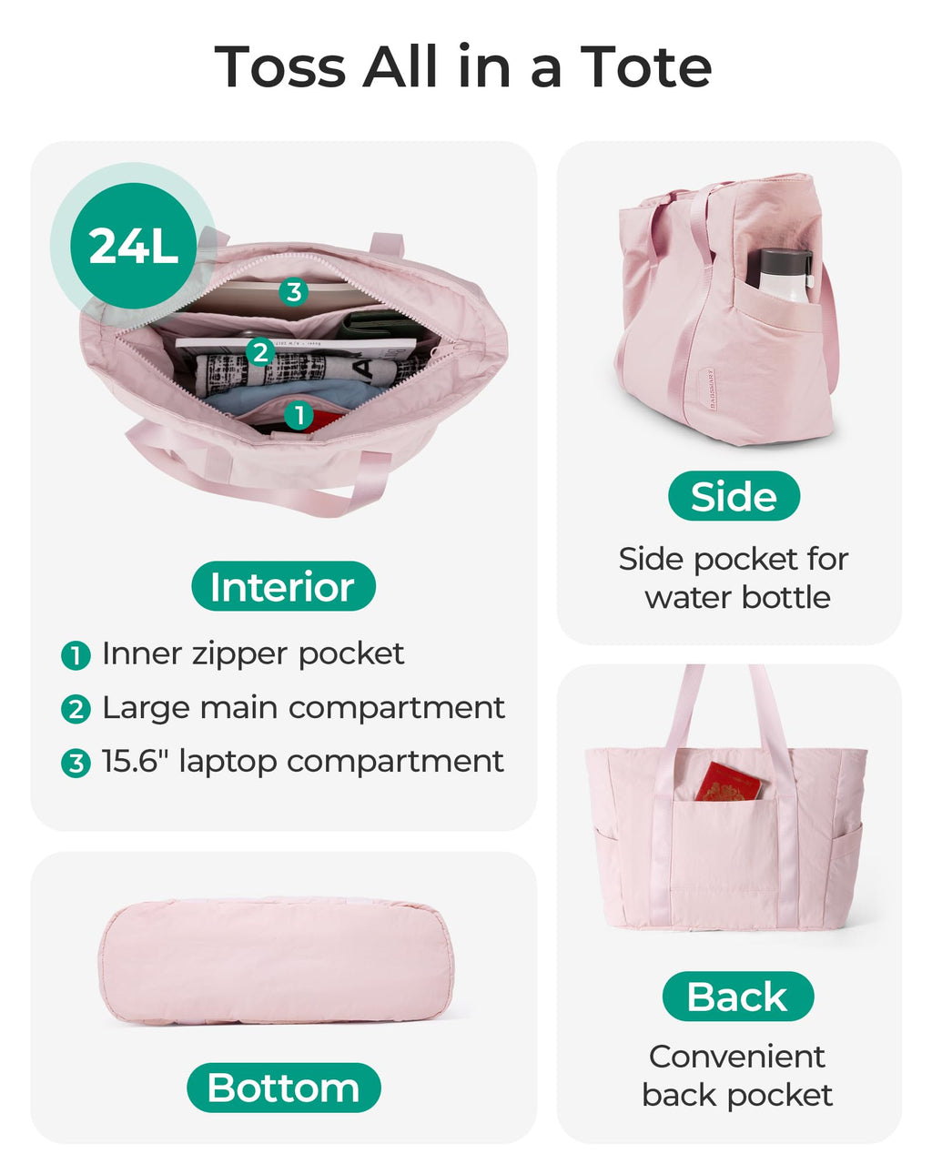 BAGSMART Tote Bag for Women, Tote Bag with Zipper Work Tote with Compartments Nurse Shoulder Hanbag for Travel, Gym
