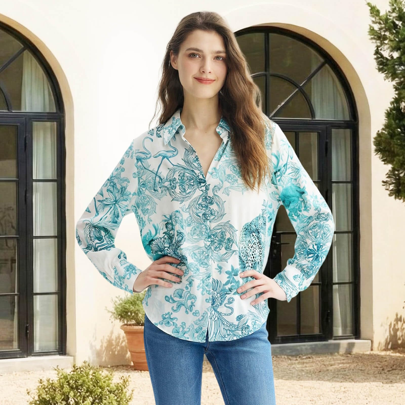 MOLISILK Pure Silk Blouses for Women Long Sleeve Floral Button Down Shirt