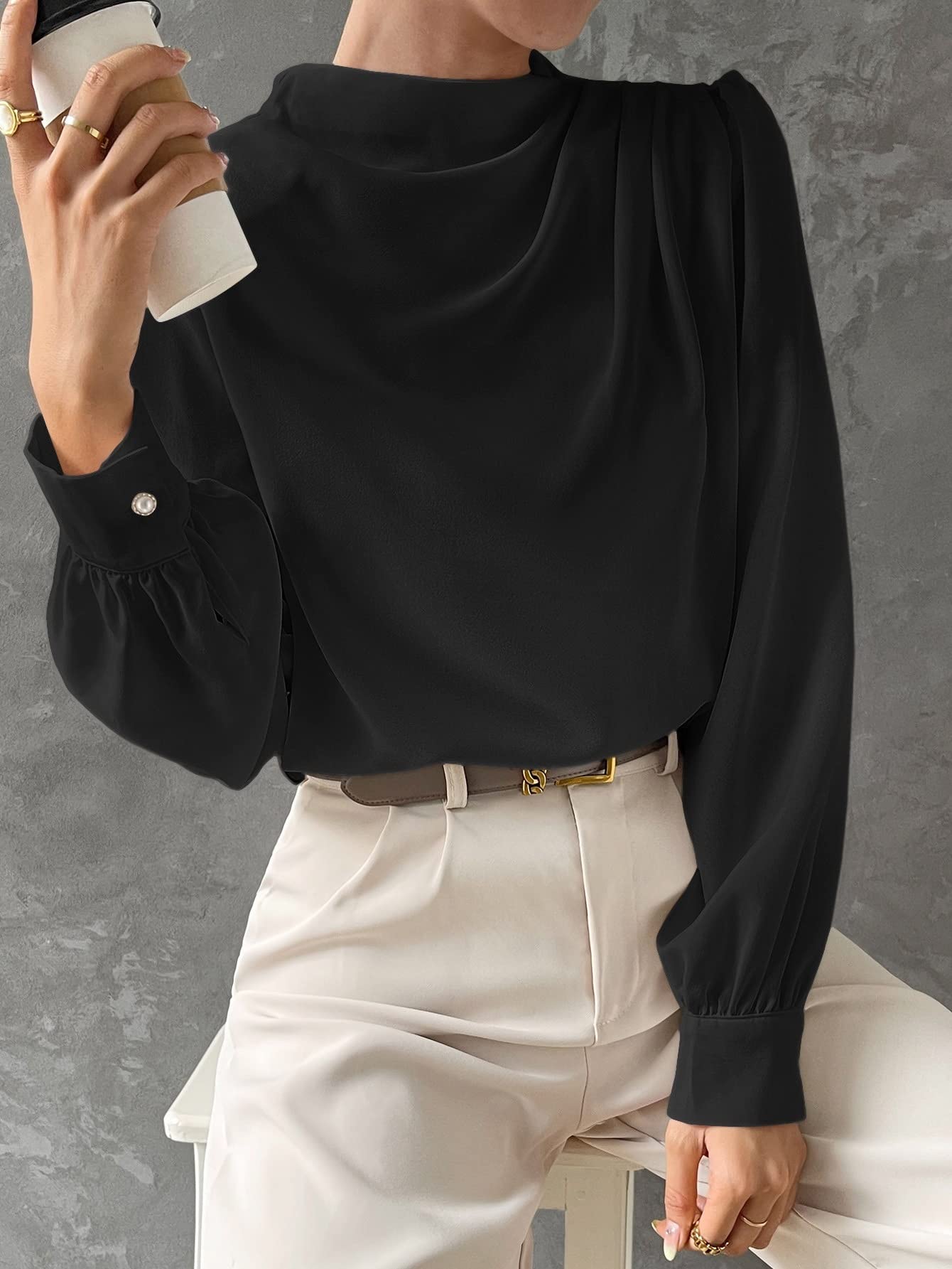 Women's Classic-Fit Short/Long Sleeve Shirt Bishop Sleeve Front Blouse,Long Sleeve Tops