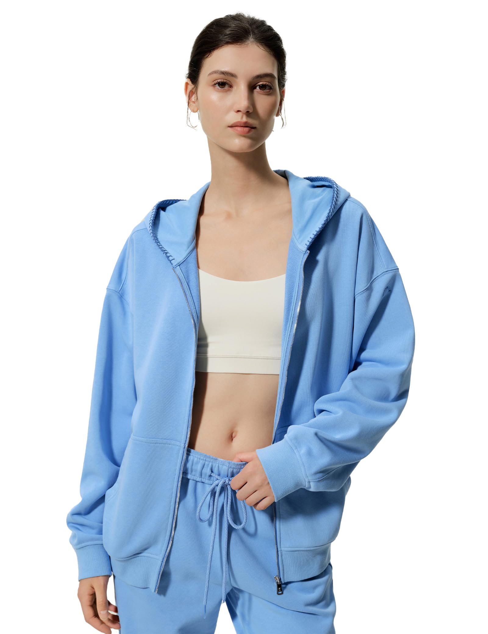 LilySilk Women's Silk Terry Sweatshirt Fleece Zip Up Oversized Hoodie with Blanket Stitch Hooded Jacket for Ladies Sports