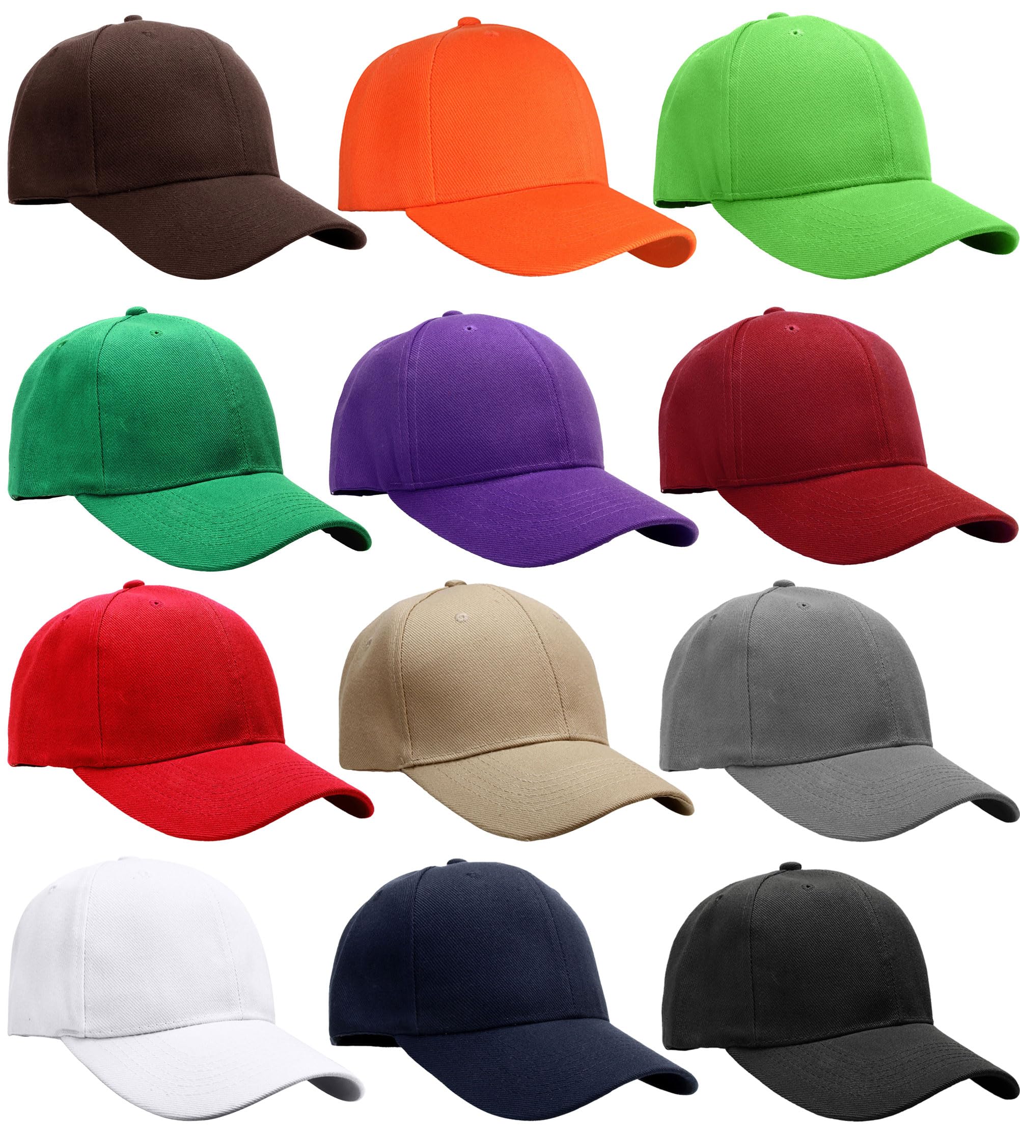 Falari Adjustable Plain Baseball Caps, 12-Pack Bulk Set