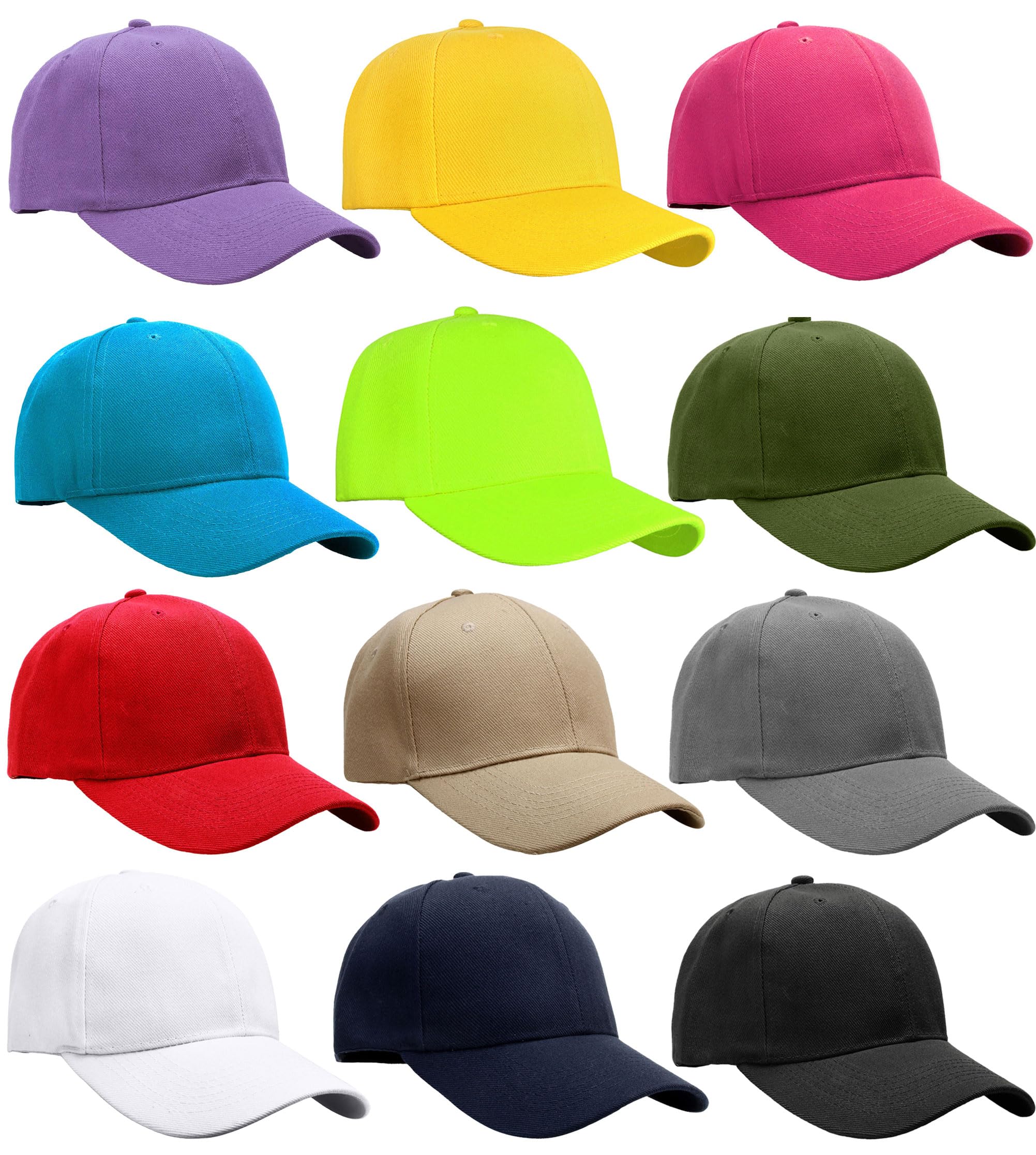 Falari Adjustable Plain Baseball Caps, 12-Pack Bulk Set