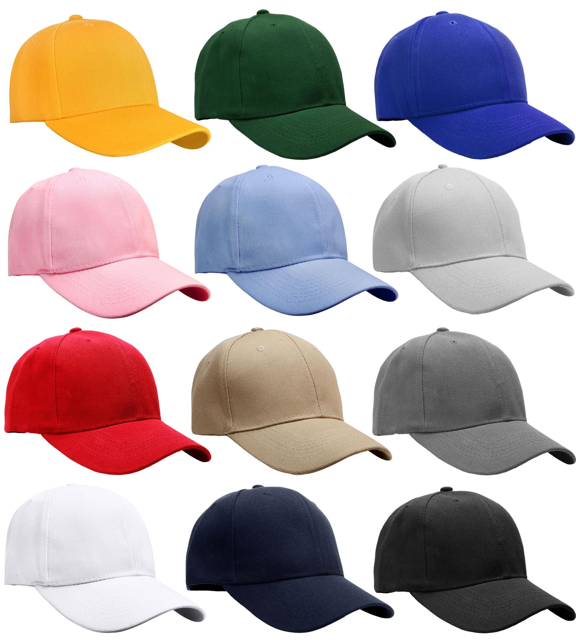 Falari Adjustable Plain Baseball Caps, 12-Pack Bulk Set