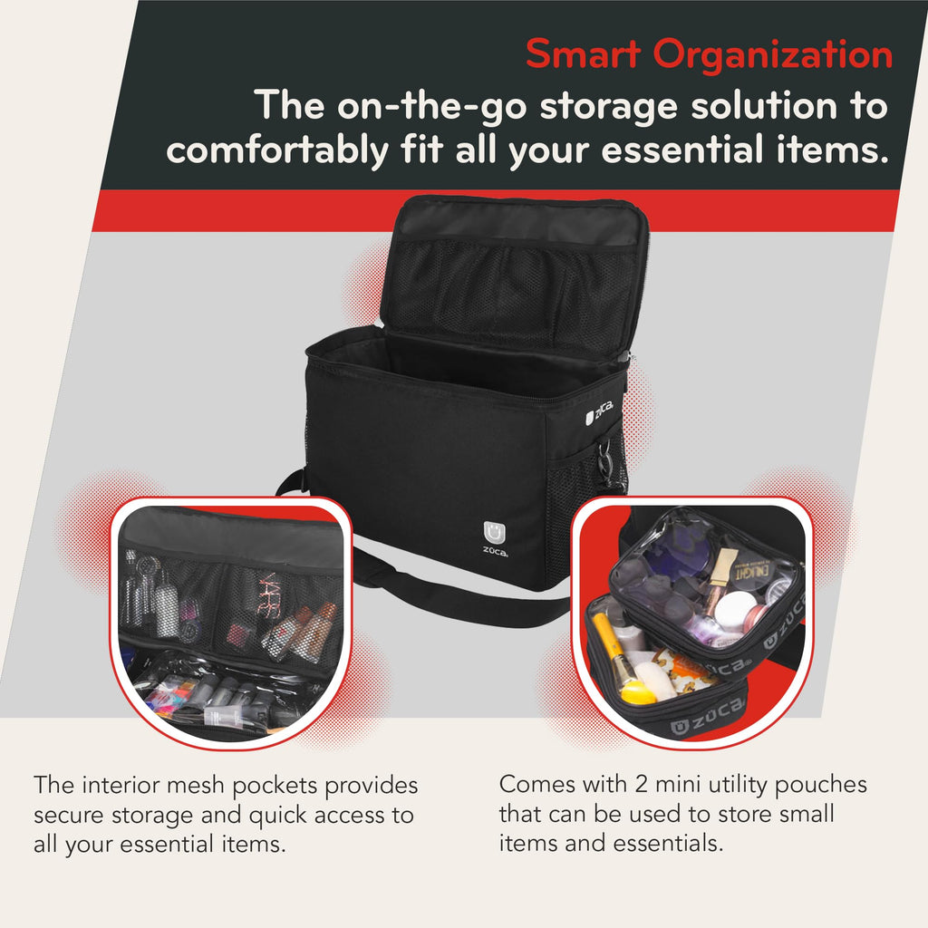 ZUCA MakeUp Artist Shoulder Bag w/Durable Utility Pouch Combo, MakeUp Organizer Bag -Lightweight,Versatile Multi-Compartment Design For Cosmetic Organization,Ideal For Travel & Makeup Sessions, Black