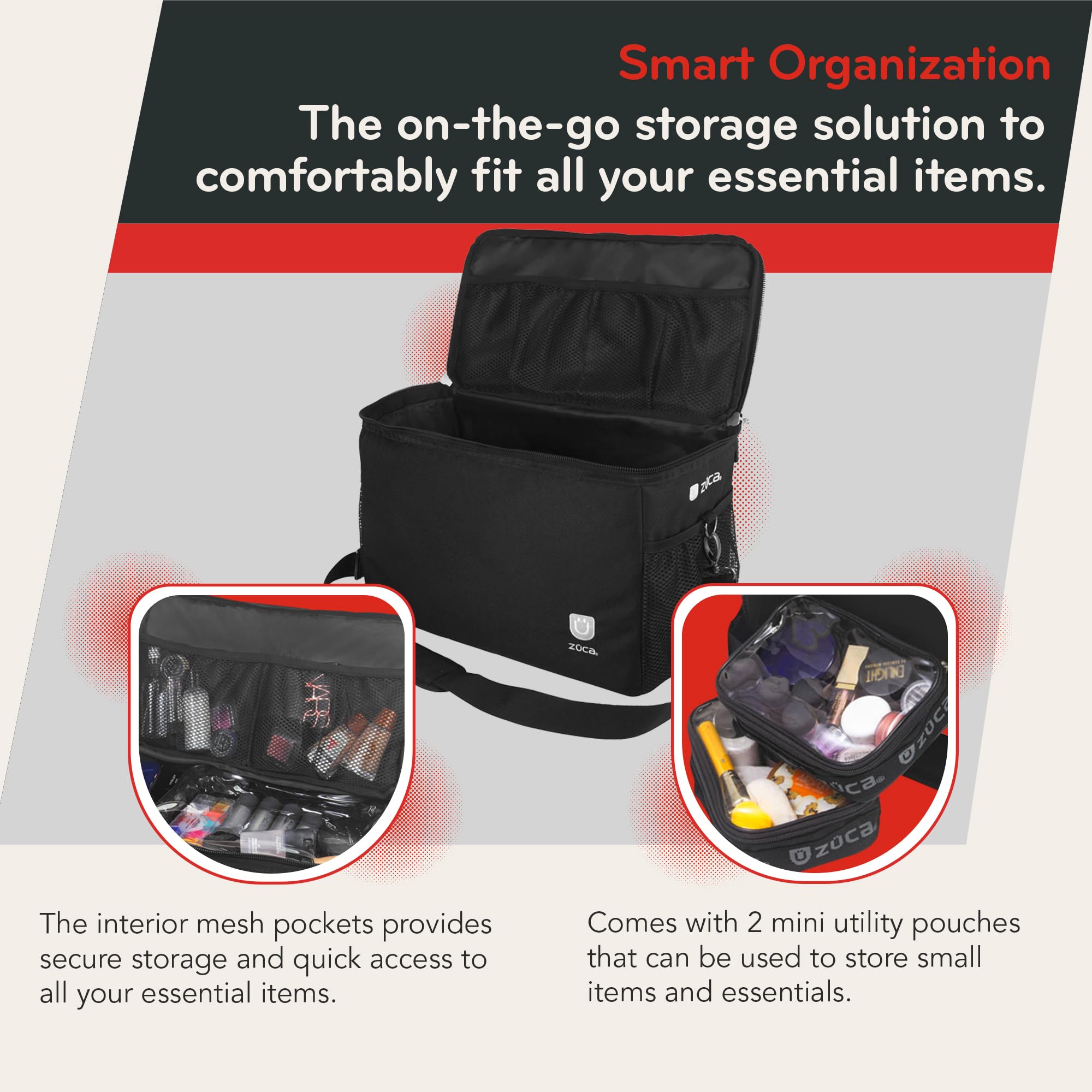 ZUCA MakeUp Artist Shoulder Bag w/Durable Utility Pouch Combo, MakeUp Organizer Bag -Lightweight,Versatile Multi-Compartment Design For Cosmetic Organization,Ideal For Travel & Makeup Sessions, Black