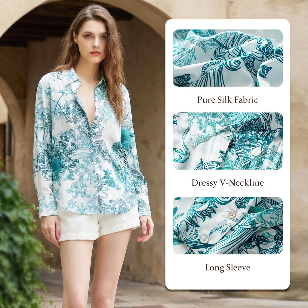 MOLISILK Pure Silk Blouses for Women Long Sleeve Floral Button Down Shirt