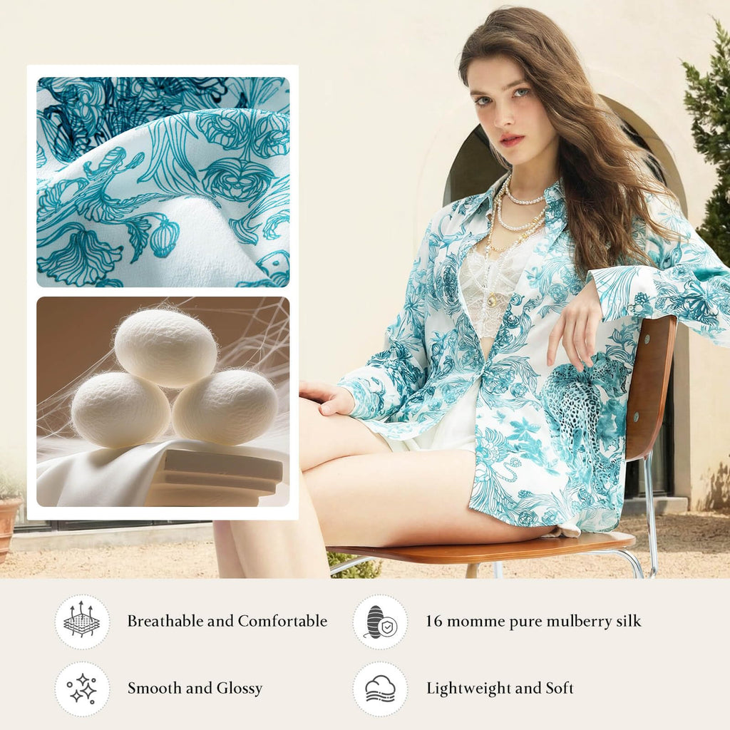 MOLISILK Pure Silk Blouses for Women Long Sleeve Floral Button Down Shirt