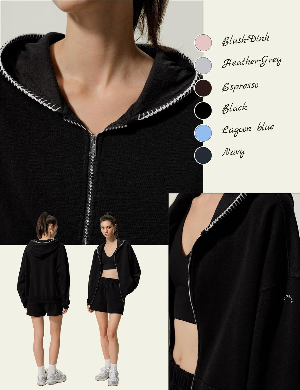 LilySilk Women's Silk Terry Sweatshirt Fleece Zip Up Oversized Hoodie with Blanket Stitch Hooded Jacket for Ladies Sports